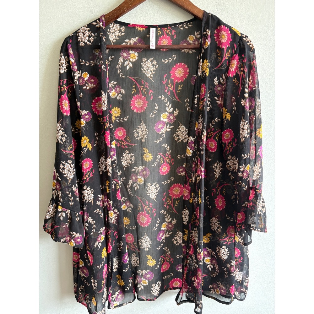 Xhilaration Black Floral Sheer Kimono Cardigan Ruffle Sleeve Large